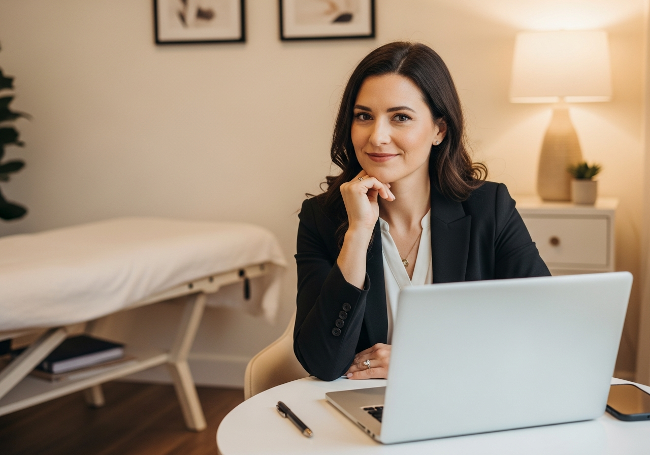 Therapist in a calm, modern office, present and focused